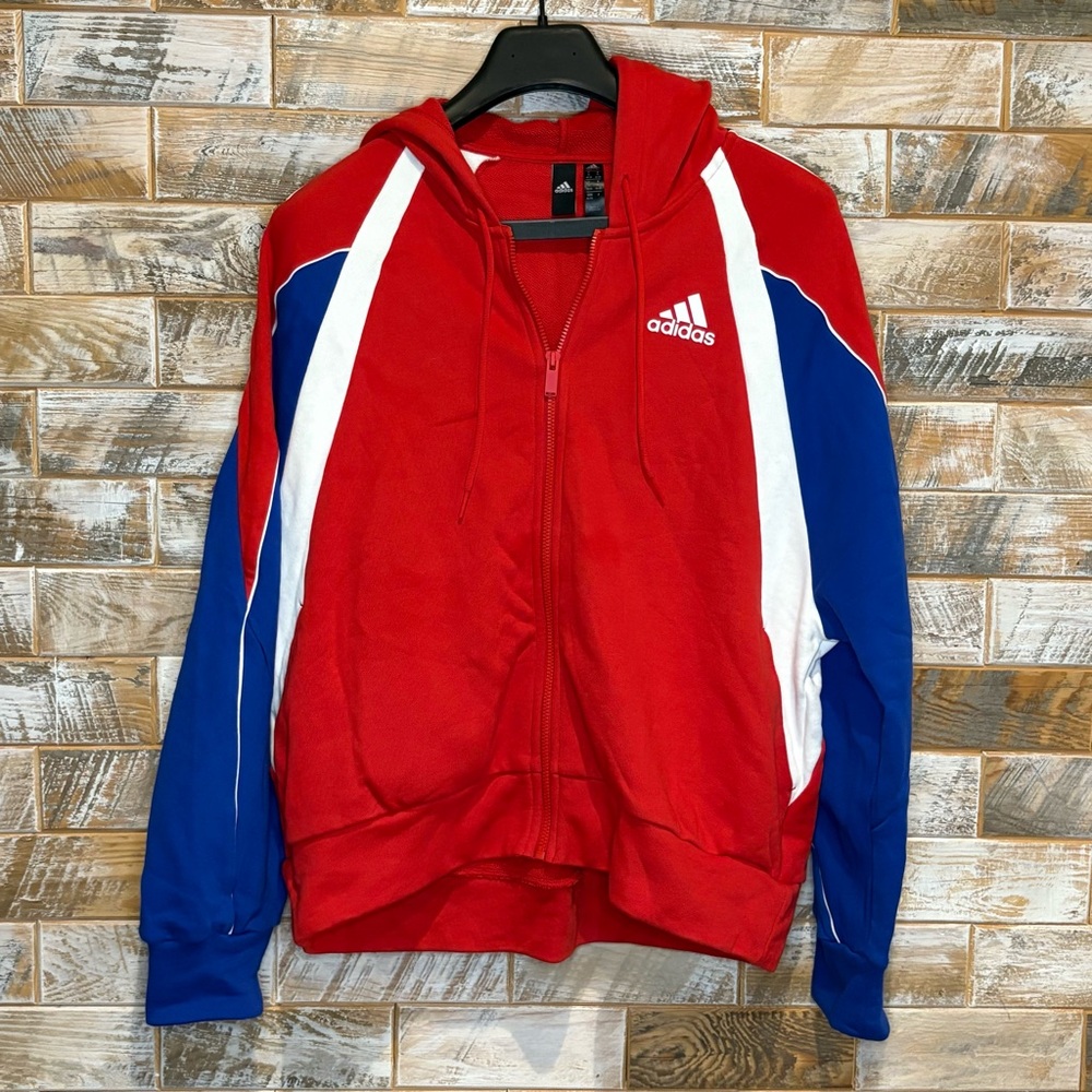 Adidas Women’s Red, Blue, and White Hood-Zip Sweatshirt. Size XL. Good Condition